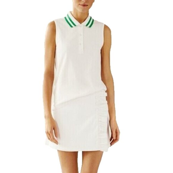 Tory Sport Sleeveless Pleated Collar Polo Shirt Women Size XL White Green - Picture 1 of 15